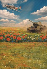 Самолет и танк в поле сюжет к 9-му Мая №2 - фон неопреновый