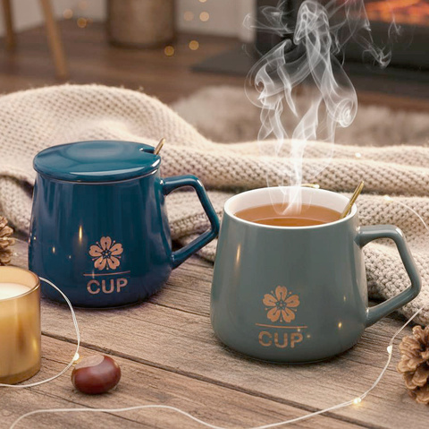 Керамическая кружка с крышкой и ложкой, 9,5*7,7 см, темно-зеленый/серый, 400 мл