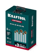 KRAFTOOL EXTREME Со5-А, 6 шт (6.3, 8.3, 10.4, 12.4, 16.5, 20.5 мм), Z3, 90°, сталь M35, U-образная спираль, набор зенковок (29734-H6)
