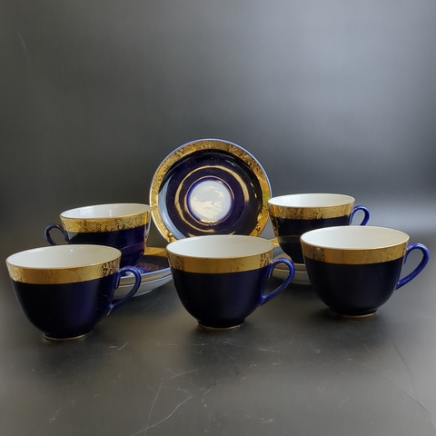 Набор из 5 чайных пар (10 предметов), фарфор ЛФЗ, кобальт с позолотой, винтаж СССР 1970-1990 гг