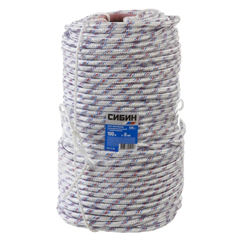 СИБИН d 8 мм, 16-прядный, 100 м, плетеный, с сердечником, полипропиленовый фал (50215-08)