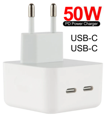 Адаптер питания на 2 Type-C (USB-C) с быстрой зарядкой PD 50W для MacBook, iPad и др. (Белый)