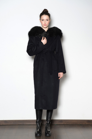 Пальто из кашемира, съемный воротник посеребренный енот.