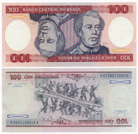 Банкнота Бразилия 100 крузейро 1984 год (симметричная). UNC