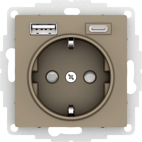 Розетка электрическая с USB зарядкой 2R+З/USB тип A и C  250В 16А / 5В 3А. Цвет Шампань. Schneider Electric AtlasDesign. ATN000532