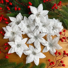 Пуансеттия (рождественская звезда) искусственная, бархатная, БЕЛАЯ с блесками, 1 шт - 15 см, набор 10 голов.
