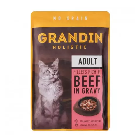 Grandin  Влажный корм для взрослых кошек, кусочки с говядиной в соусе, 85г