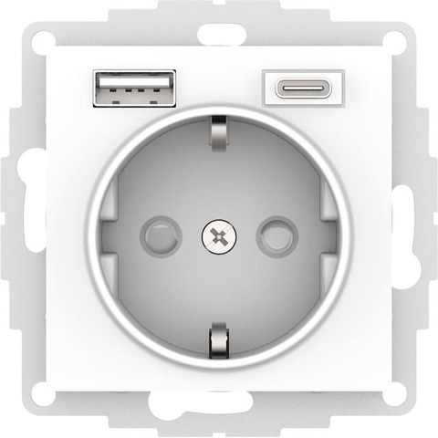Розетка электрическая с USB зарядкой 2R+З/USB тип A и C  250В 16А / 5В 3А. Цвет Белый. Schneider Electric AtlasDesign. ATN000132