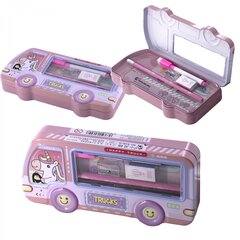 
          Пенал металлический машина, 2 отделения, Alingar, линейка 15 см, 1 ч/г карандаш, 1 точилка, 1 ластик, 1 маркер, 95 х 210 мм, "Единорог за рулем", розовый, европодвес