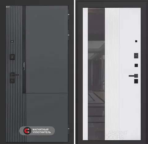 Входная дверь в квартиру Лабиринт Лаб про 2 Велютто верде с зеркальной вставкой 32 Белый софт рельеф