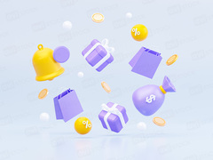 3D-иллюстрация подарков, монет и колокольчика – акции и праздничные скидки