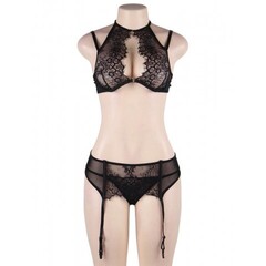 Комплект белья черный: бра, стринги и пояс с ремешками (размер XL-2XL)