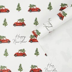 Упаковочная бумага глянцевая, «Happy New Year» Машина с елкой, 0,7*1 м, 5 листов