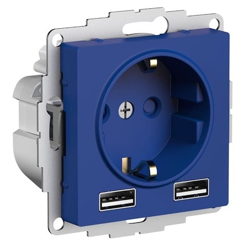 Розетка электрическая с заземлением, шторками и USBх2. Цвет Аквамарин. Schneider Electric AtlasDesign. ATN001130