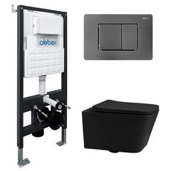 Abber AC1201MB-AC0105-AC0120NG Комплект подвесной унитаз Abber Rechteck AC1201MB черный матовый с инсталляцией AC0105 и кнопкой AC0120NG никель фото
