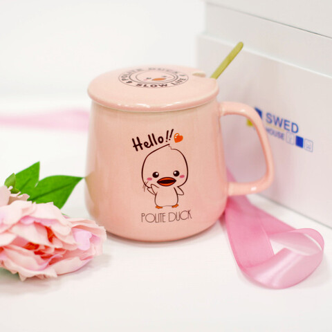 Керамическая кружка с крышкой и ложкой, 9.8x8 см, розовый, 410 мл