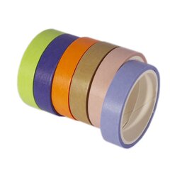 
          Декоративная клейкая лента Alingar, 0,9 см х 3 м, 6 шт, "Коричневый, фиолетовый, зеленый, оранжевый", ассорти, узкий, в индивидуальной упаковке