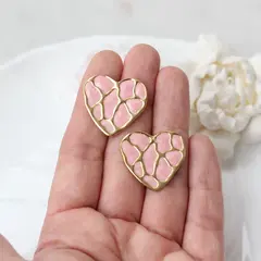 Серьги пусеты Сердца с эмалью, розовый, 25 мм, сталь, позолота, СГ043