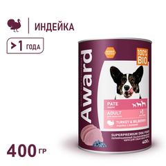 Консервы AWARD для взрослых собак, паштет из индейки с черникой