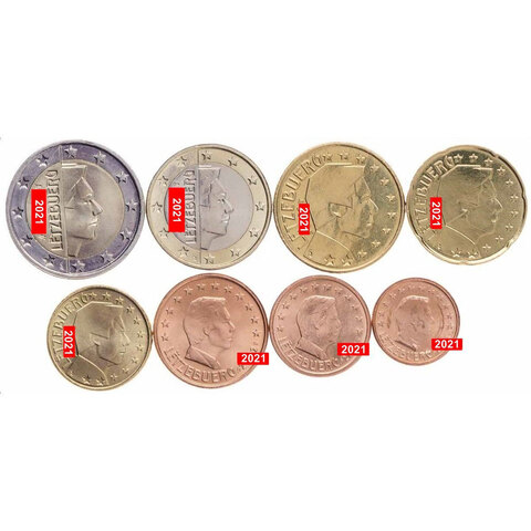 Люксембург 2021 набор монет евро 8 монет 1/2/5/10/20/50 евроцентов ( центов ) 1 и 2 евро. UNC