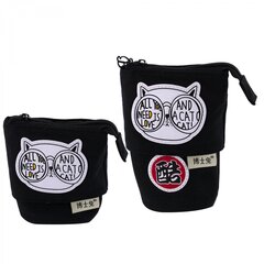 Пенал - тубус складной, Alingar, ПВХ, молния, 115 х 120 мм ( 115 х 170 мм), "Cat", черный (белый кот в круглых очках с надписями)