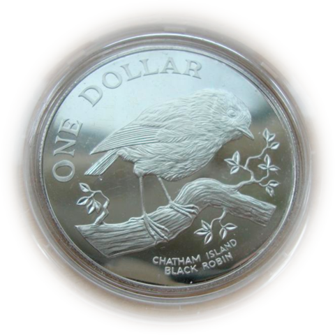Новая Зеландия 1 доллар 1984 Птица Черный Робин Остров Чатем СЕРЕБРО
