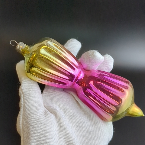 Ёлочная игрушка фонарик 15 см, яркая, стекло, подвесная, винтаж СССР 1960-1980 гг