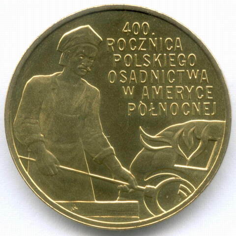 2 злотых 2008 год. Польша. 400 лет польским поселениям в Северной Америке. Латунь AUNC
