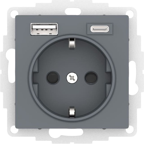 Розетка электрическая с USB зарядкой 2R+З/USB тип A и C  250В 16А / 5В 3А. Цвет Грифель. Schneider Electric AtlasDesign. ATN000732