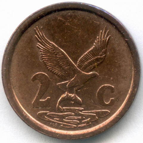 2 цента 1996 год. Южная Африка (ЮАР). Сталь с медным покрытием, диаметр 18 мм. XF-AU