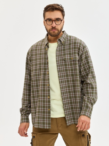 Мужская рубашка в клетку из хлопка с длинным рукавом (Зеленый) (Арт. РБ-08)