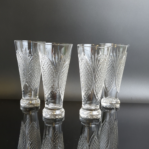 Хрустальные высокие стаканы набор из 4 штук, алмазная грань, геометрический орнамент, 13 см, винтаж СССР 1970-1990 гг