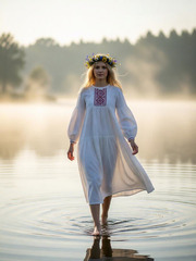 Просковья. Платье льняное, белое в этностиле с вышивкой PL-422622