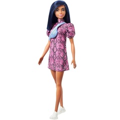 Барби Fashionistas 143 с Синими Волосами в Розово-Черном Платье