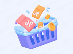 3D иллюстрация купонов и скидок в корзине для онлайн-магазина