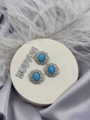 Пуговицы серебристые в форме цветка с горным хрусталем и голубым (бирюзовым) камнем