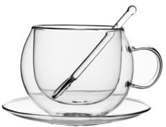Стеклянная кружка с двойными стенками с блюдцем и ложкой, 250 мл