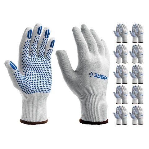 ЗУБР ТОЧКА+, L-XL, х/б перчатки с покрытием из ПВХ-геля, противоскользящие, точки увеличенного размера, 13 класс, 10 пар, Профессионал (11451-K10)
