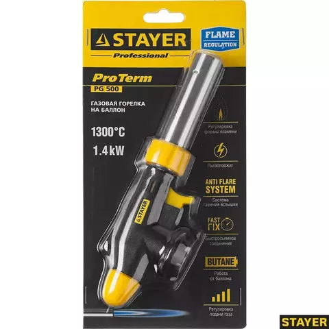 STAYER ProTerm PG500 1300°C с пьезоподжигом, на баллон с цанговым соединением, увеличенный выход пламени, Газовая горелка (55580)