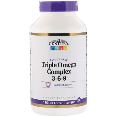 21st Century, Triple Omega Complex 3-6-9, 180 мягких желатиновых капсул с кишечнорастворимой оболочкой