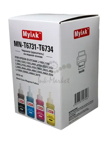 Чернила MyInk для Epson Ecotank L100, L110, L120, L122, L132, L200, L210, L222, L312, L300, L310, L350, L355, L366, L362, L382, L386, L364, L456, L486, , L550, L566, L555, L1300, L3050, L3060, L3070 (T6731-T6734), водные, комплект 4 цвета по 70 мл