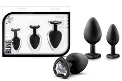 Набор из 3 черных пробок с прозрачным кристаллом-сердечком Bling Plugs Training Kit - 