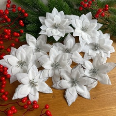 Пуансеттия (рождественская звезда) искусственная, бархатная, БЕЛАЯ с блесками, 1 шт - 15 см, набор 10 голов.
