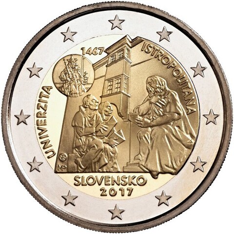 2 евро. 550-летие Истрополитанского Университета. Словакия. 2017 г