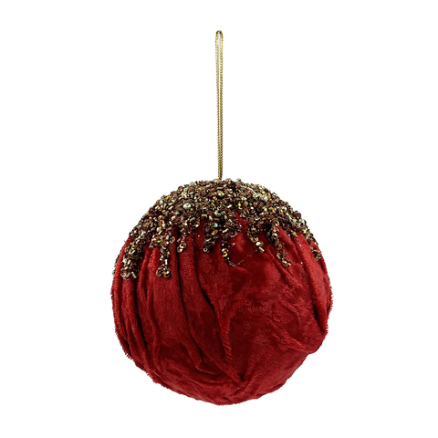 Елочная игрушка Шар красный 10см ChristmasDeLuxe жатый бархат с бисером и пайетками