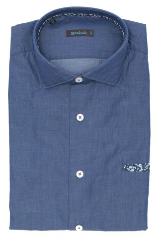 Синяя рубашка со втачным карманом в цветочек
