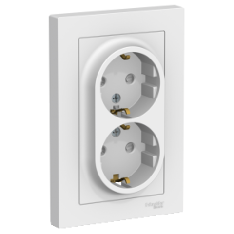 Розетка двойная с заземлением со шторками, 16А, в сборе. Цвет Белый. Schneider Electric AtlasDesign. ATN000126