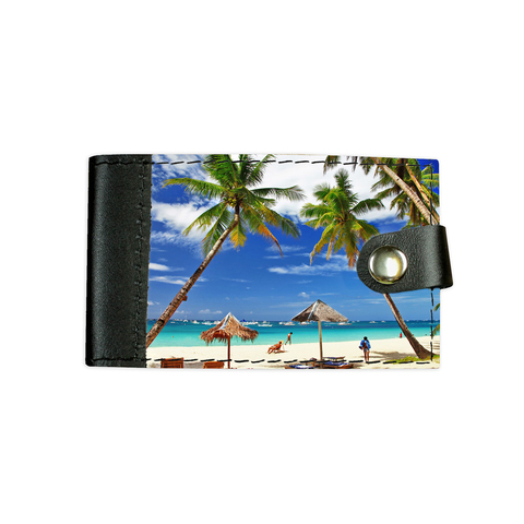 Визитница на кнопке комбинированная "Пляж с пальмами", чёрная