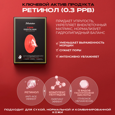 Набор омолаживающих тканевых масок с ретинолом, JMSOLUTION V SKIN ESSENTIAL MASK (Vitamin A), 10 шт