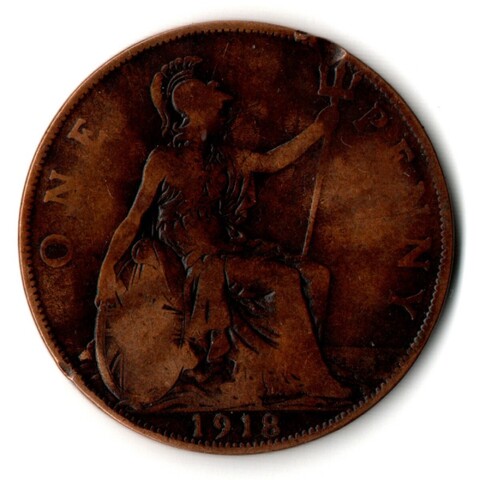 1 пенни 1918 год. Великобритания (Георг V). Бронза, диаметр 30.8 мм. VF